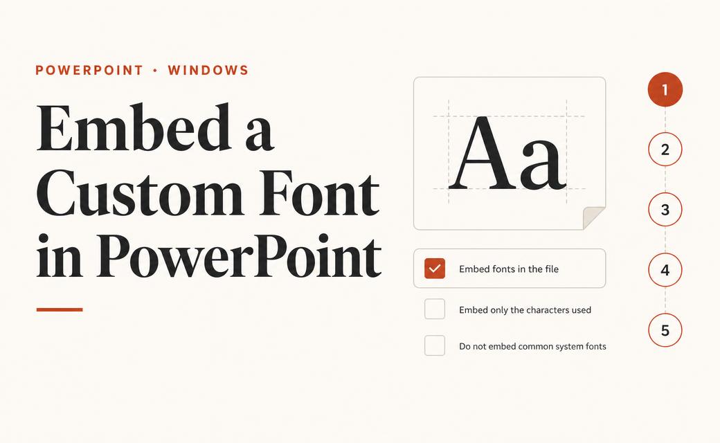 Cover of the Embed a Custom Font in PowerPoint guide — warm cream layout with burnt orange accents showing a font tile, embed options and five numbered steps