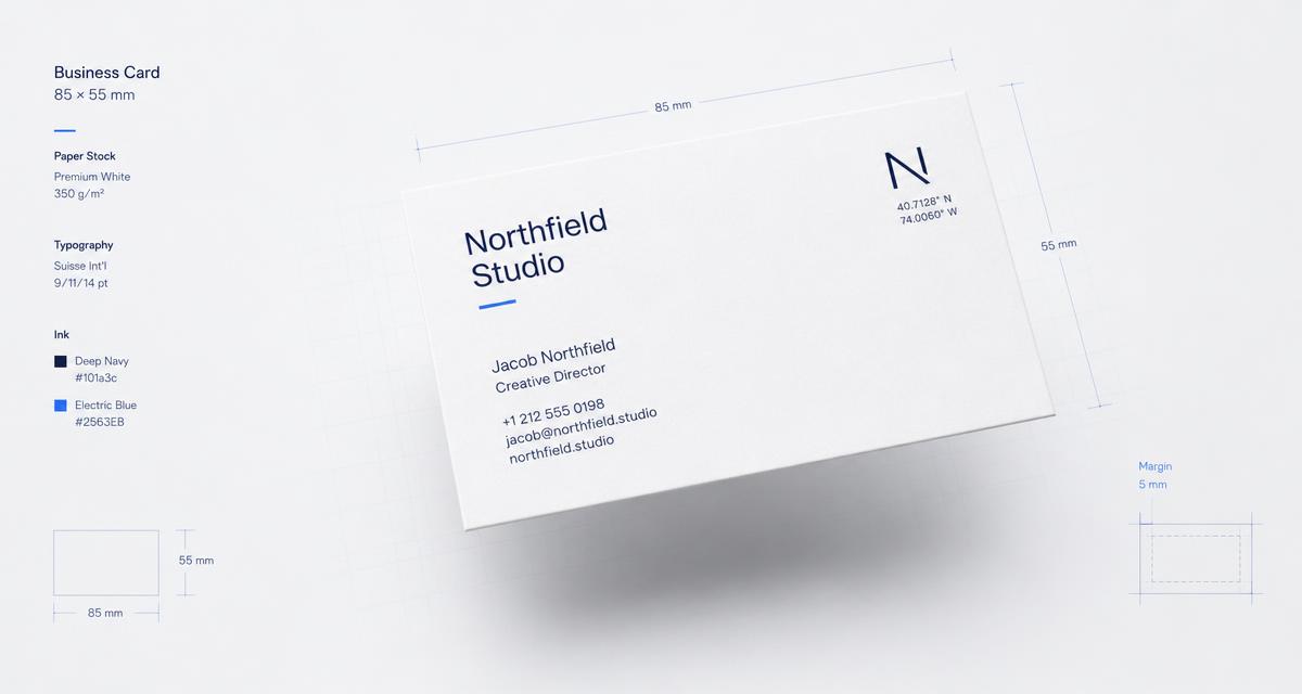 Cover of the Visiting Card Design Specifications guide by Manoj Kumar — print-ready 3.5 by 2 inch business card layout showing font sizes, margins and bleed markings